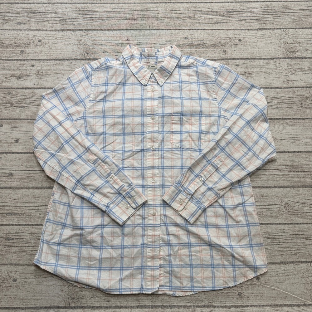 L.L. Bean Shirt Women's Large Blue Pink Plaid Classic Button Down Long Sleeve
